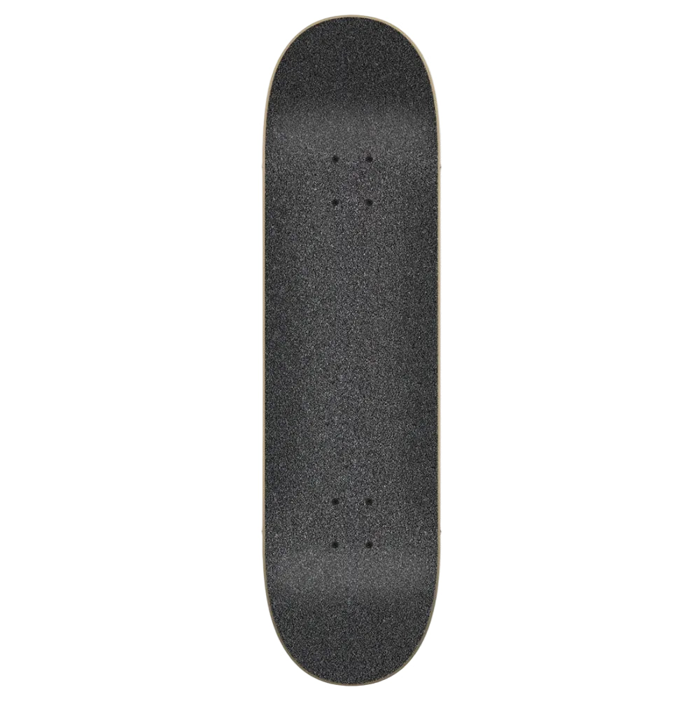 A skateboard deck viewed from the underside, featuring a textured black grip tape surface and a light-colored wood edge, centered on a plain white background.