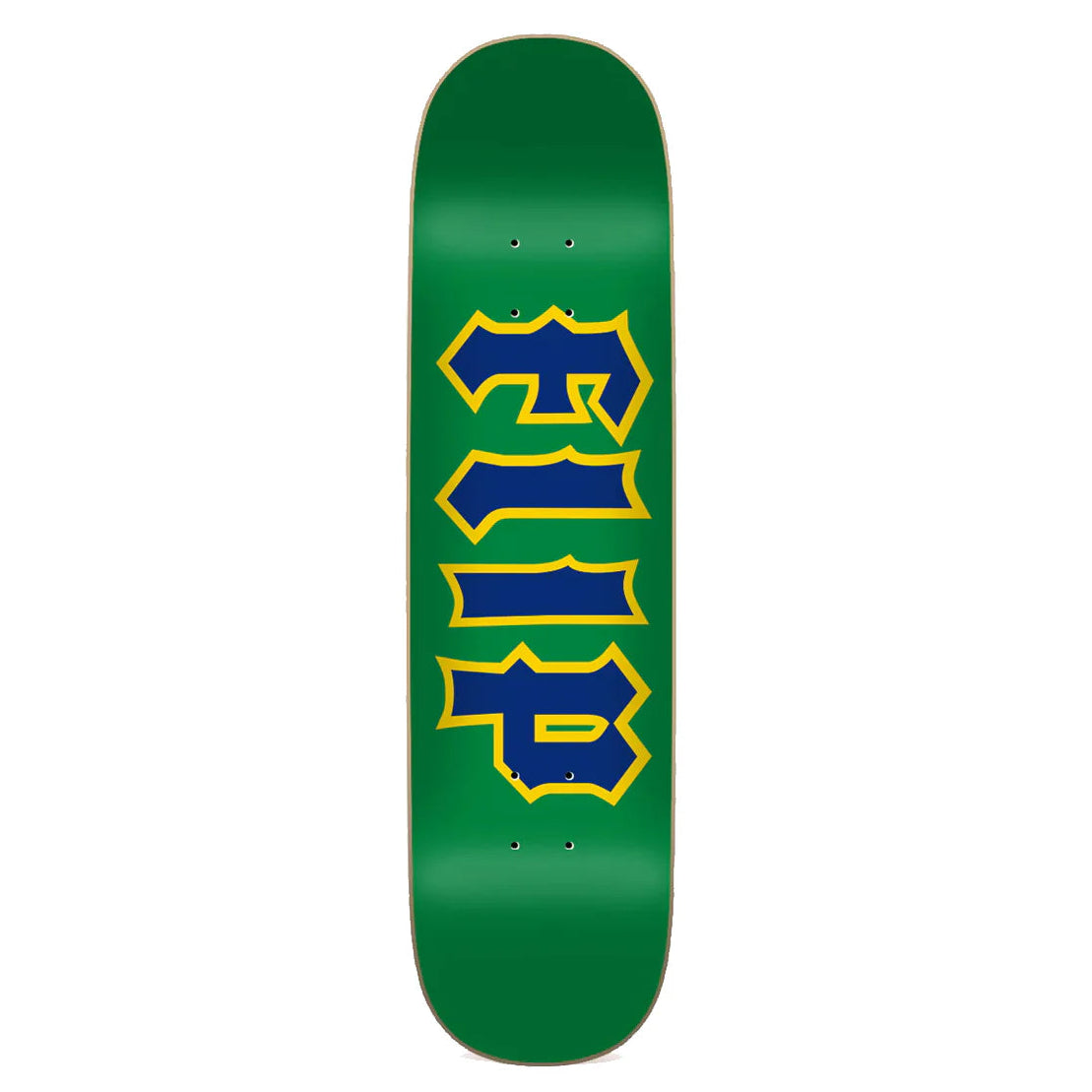 Green skateboard deck with blue and yellow graphics on a white background