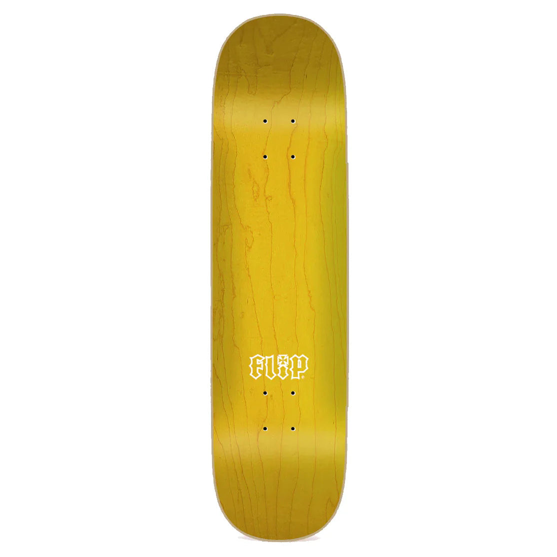 Yellow skateboard deck with 'FLIP' logo on a white background
