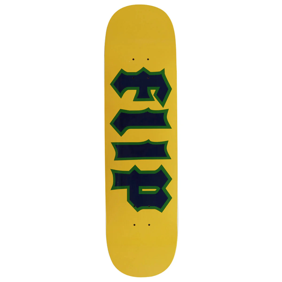 Yellow skateboard deck with green logo on a white background