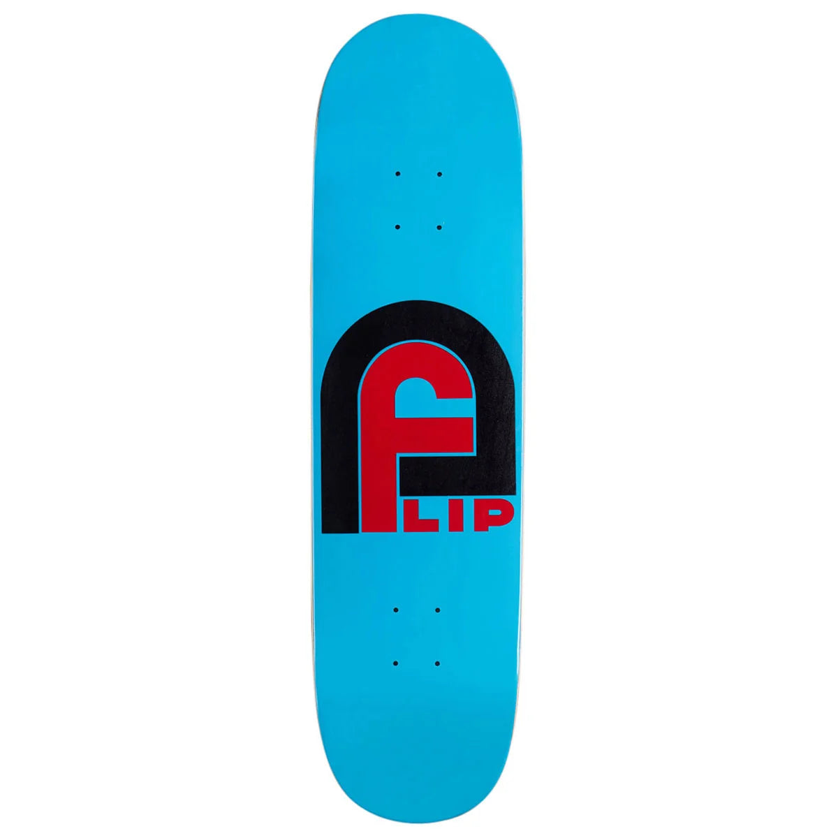 A bright blue skateboard deck shown vertically against a plain white background, featuring a large black and red 'FLIP' logo graphic in the center.