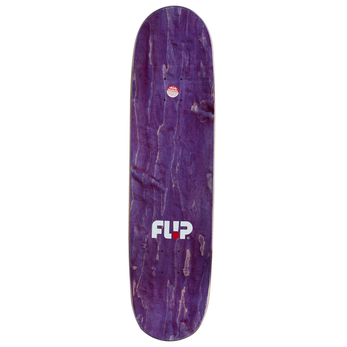 A purple skateboard deck with a natural wood grain pattern and the white and red FLIP logo printed on the bottom, shown against a plain white background.