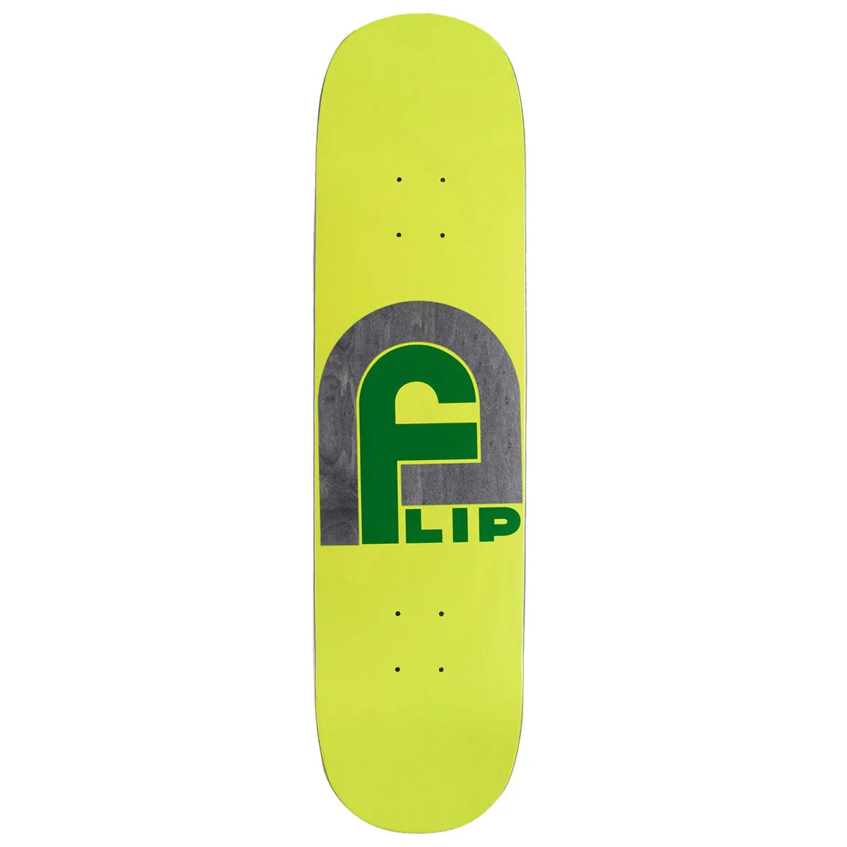 A neon yellow skateboard deck featuring a large green and gray Flip logo graphic in the center, shown against a plain white background.