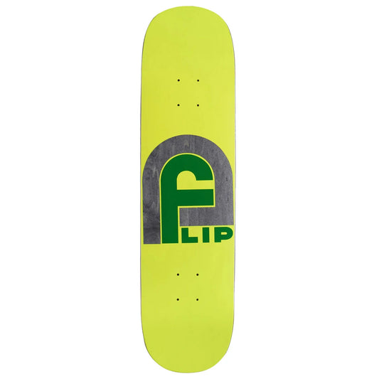 A neon yellow skateboard deck featuring a large green and gray Flip logo graphic in the center, shown against a plain white background.