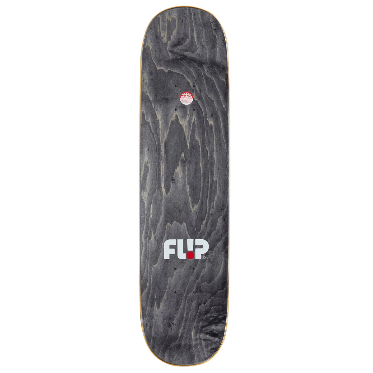 A long skateboard deck shown vertically against a plain white background. The deck has a dark charcoal gray woodgrain finish with the white and red 'FLIP' brand logo printed near the bottom.