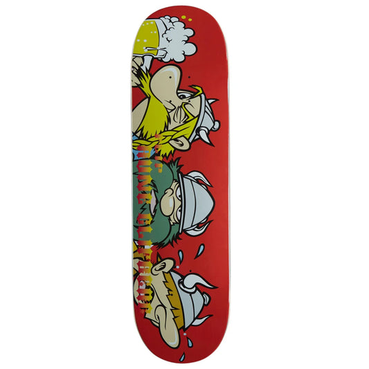 A red skateboard deck featuring a vertical graphic print of three cartoon characters in yellow, green, and white, shown against a plain white background.