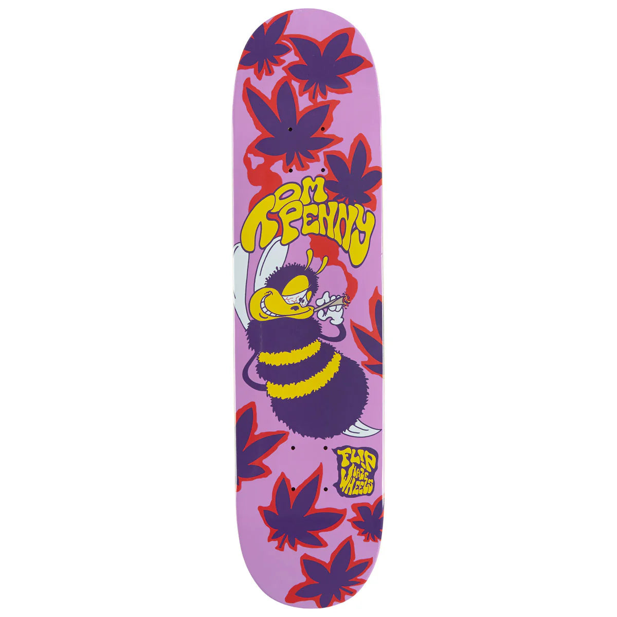 Skateboard deck with cartoon bee and leaf design on a purple background