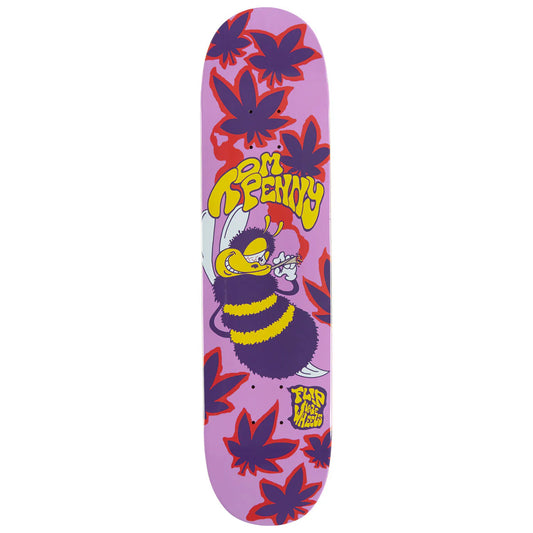 Skateboard deck with cartoon bee and leaf design on a purple background