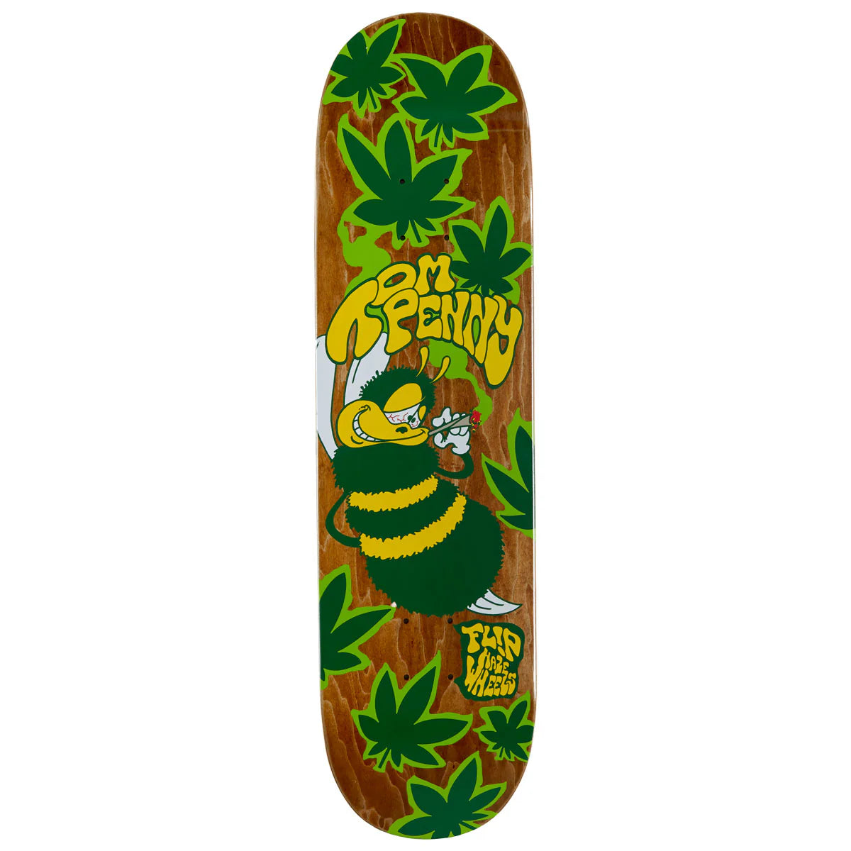 Skateboard deck with a cartoon bee and leaf design on a wooden background