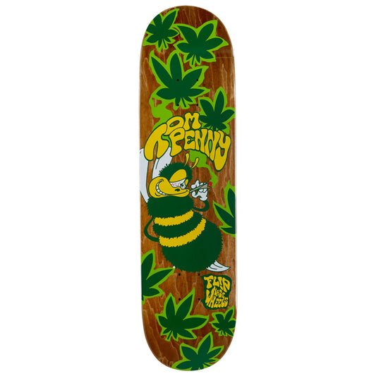 Skateboard deck with a cartoon bee and leaf design on a wooden background