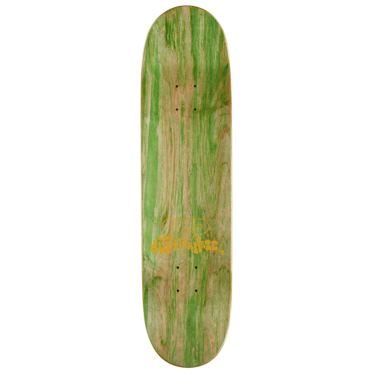 Skateboard deck with green and brown wood grain pattern on a white background