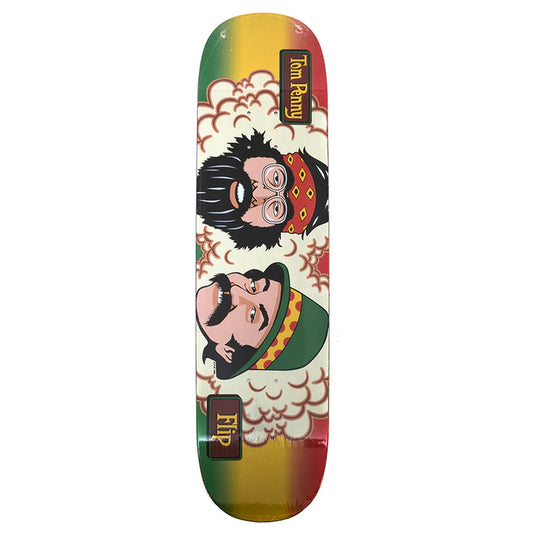 Skateboard deck with cartoon characters and floral patterns on a white background