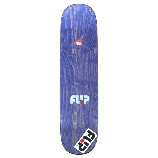 Blue skateboard deck with 'FLIP' logo on a white background
