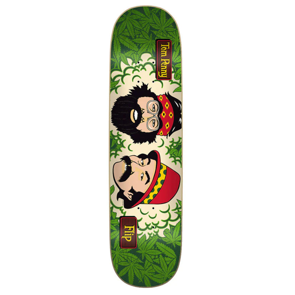 Skateboard deck with cartoon characters and leaf patterns on a white background