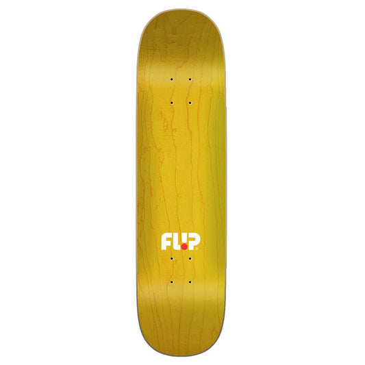Yellow skateboard deck with 'FLIP' logo on a white background
