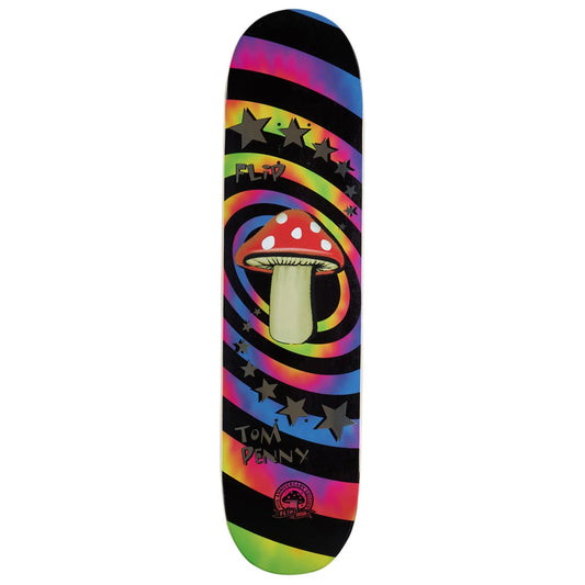 A skateboard deck featuring a vibrant psychedelic design with a red and white mushroom graphic, black stars, and rainbow-colored swirls on a black background.