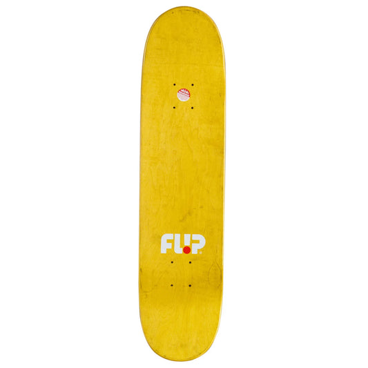 A yellow skateboard deck with the white 'FLIP' logo printed on the bottom, shown against a plain white background.