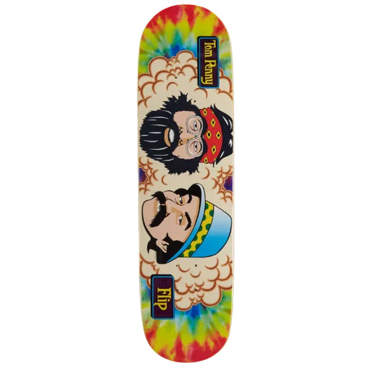 Colorful skateboard deck with cartoon characters and tie-dye design