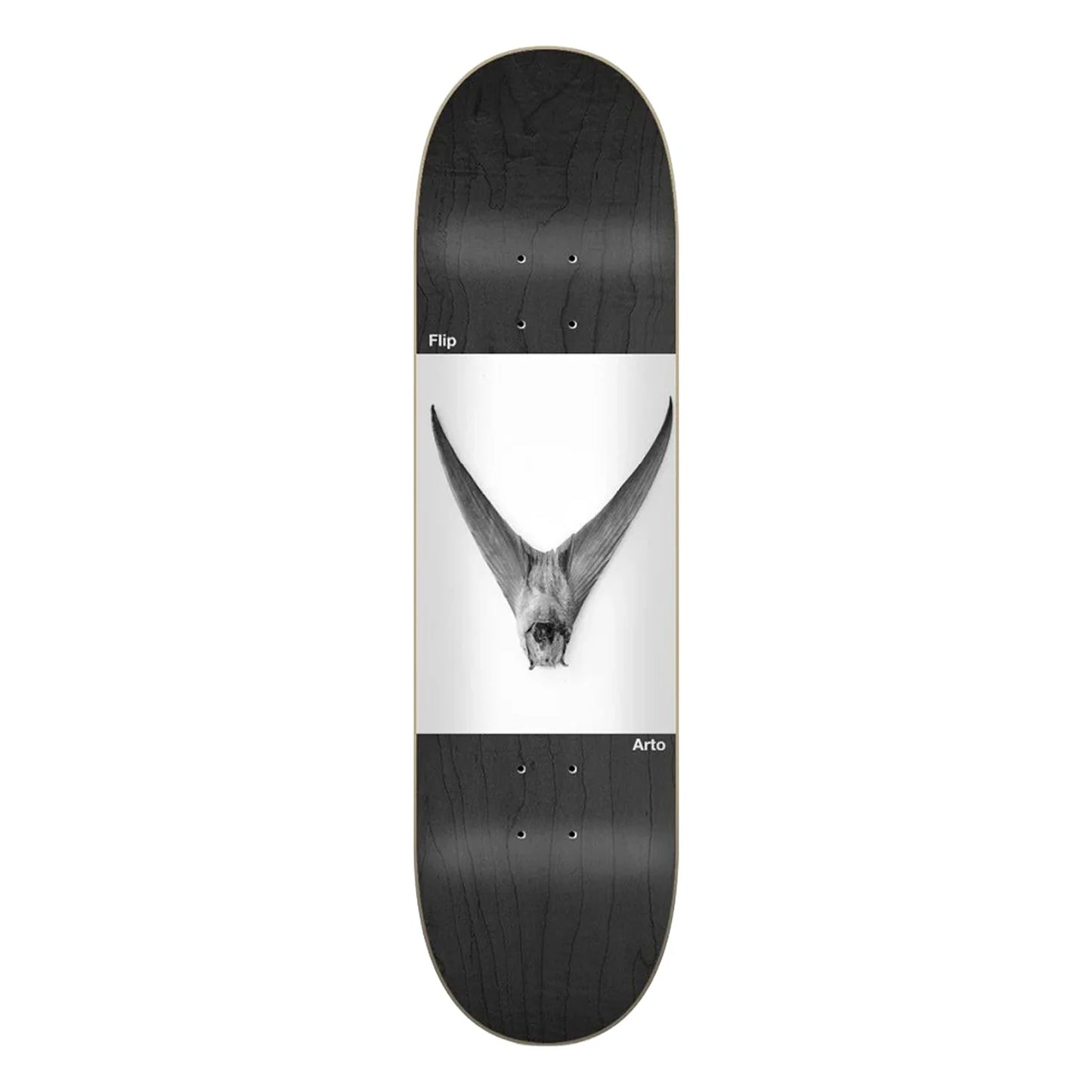 Skateboard deck with black and white design featuring a deer head on a white background