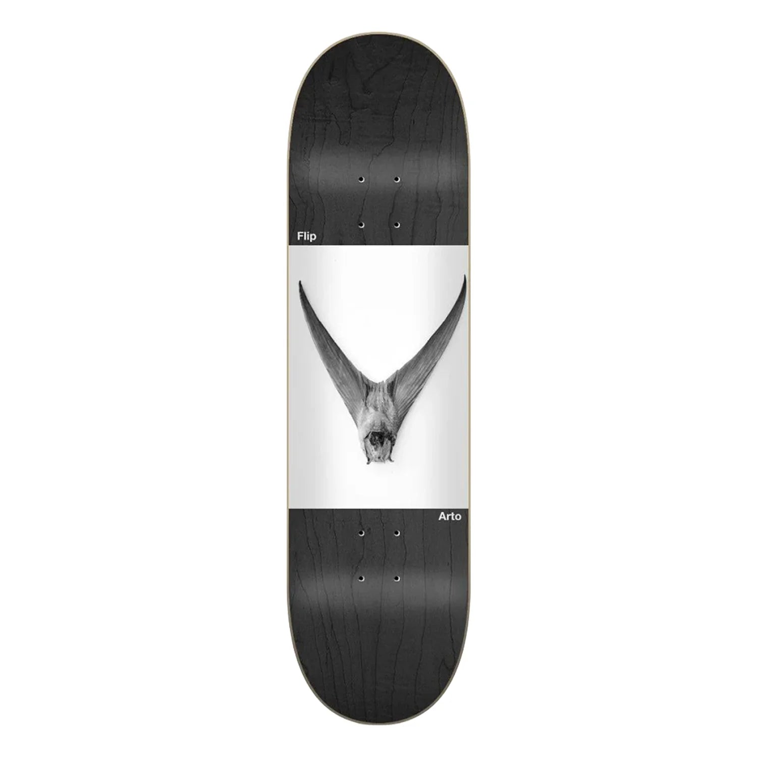 Skateboard deck with black and white design featuring a deer head on a white background