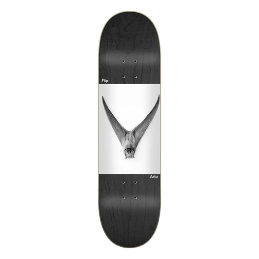 Skateboard deck with black and white design featuring a deer head on a white background