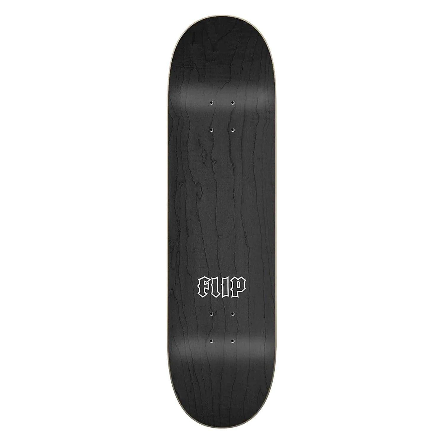 Black skateboard deck with 'FLIP' logo on a white background
