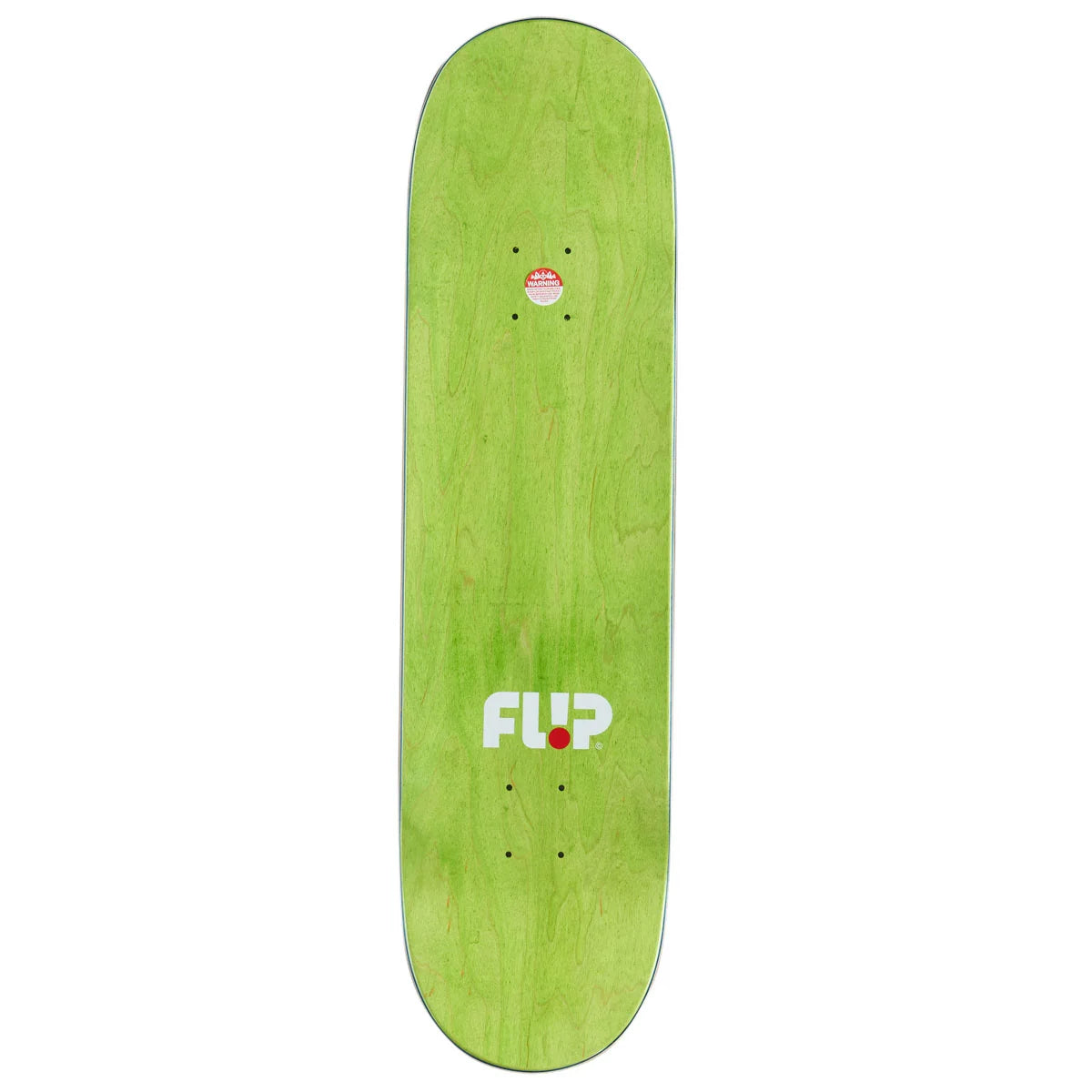 A green skateboard deck shown vertically against a plain white background, featuring the white and red 'FLIP' logo near the bottom.