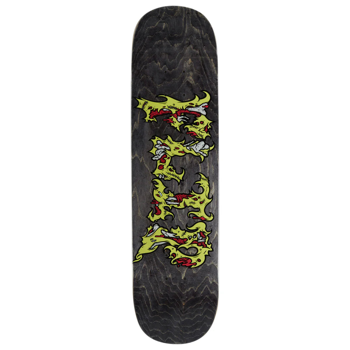 Skateboard deck with yellow and red graphic design on a black background