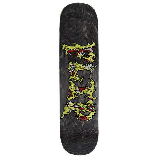 Skateboard deck with yellow and red graphic design on a black background