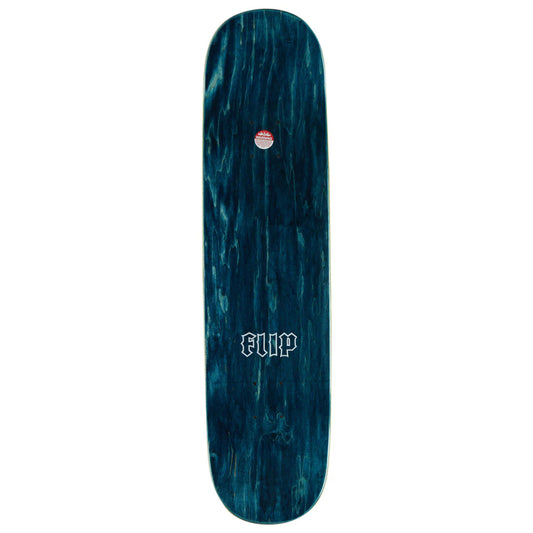 Teal marbled skateboard deck with 'Flip' logo on a white background