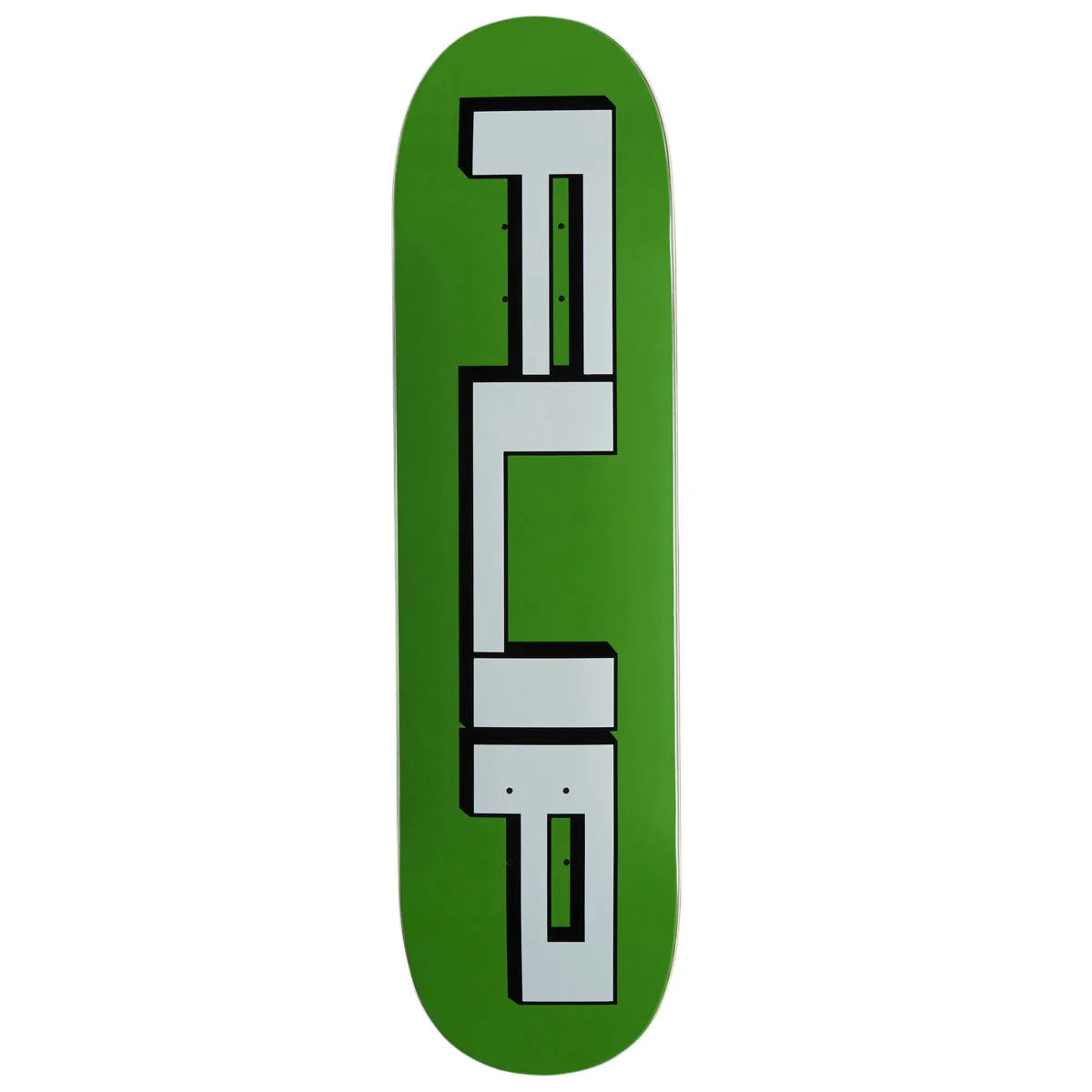 A green skateboard deck featuring a large, stylized white and black vertical graphic of the word 'FLIP' on a plain white background.