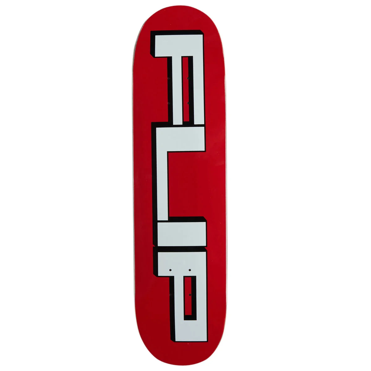 A red skateboard deck with a large stylized white and black vertical graphic on the top surface, shown against a plain white background.