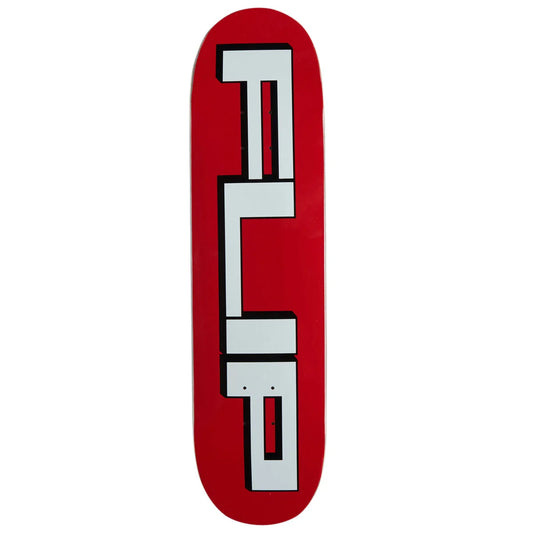 A red skateboard deck with a large stylized white and black vertical graphic on the top surface, shown against a plain white background.