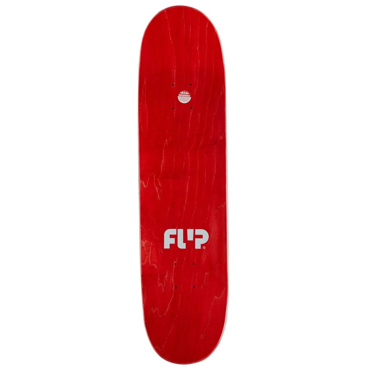 A red skateboard deck with a white 'FLIP' logo printed on the underside, shown vertically against a plain white background.