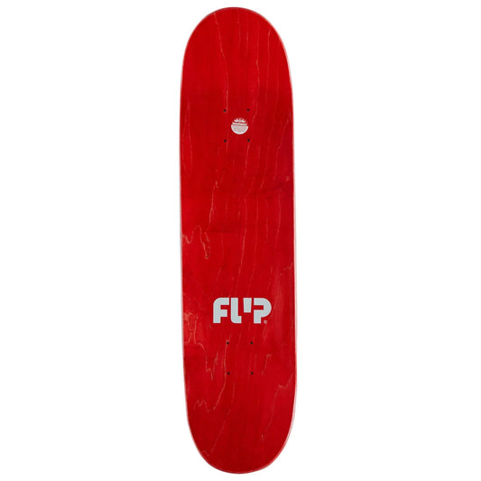 A red skateboard deck with a white 'FLIP' logo printed on the underside, shown vertically against a plain white background.