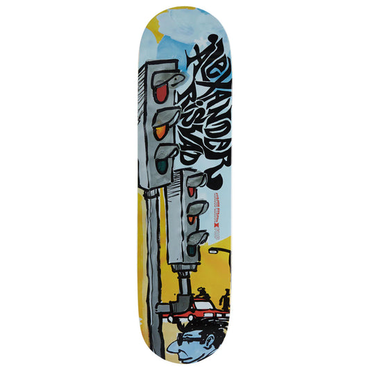 Skateboard deck with a colorful design featuring a traffic light and a person's head.