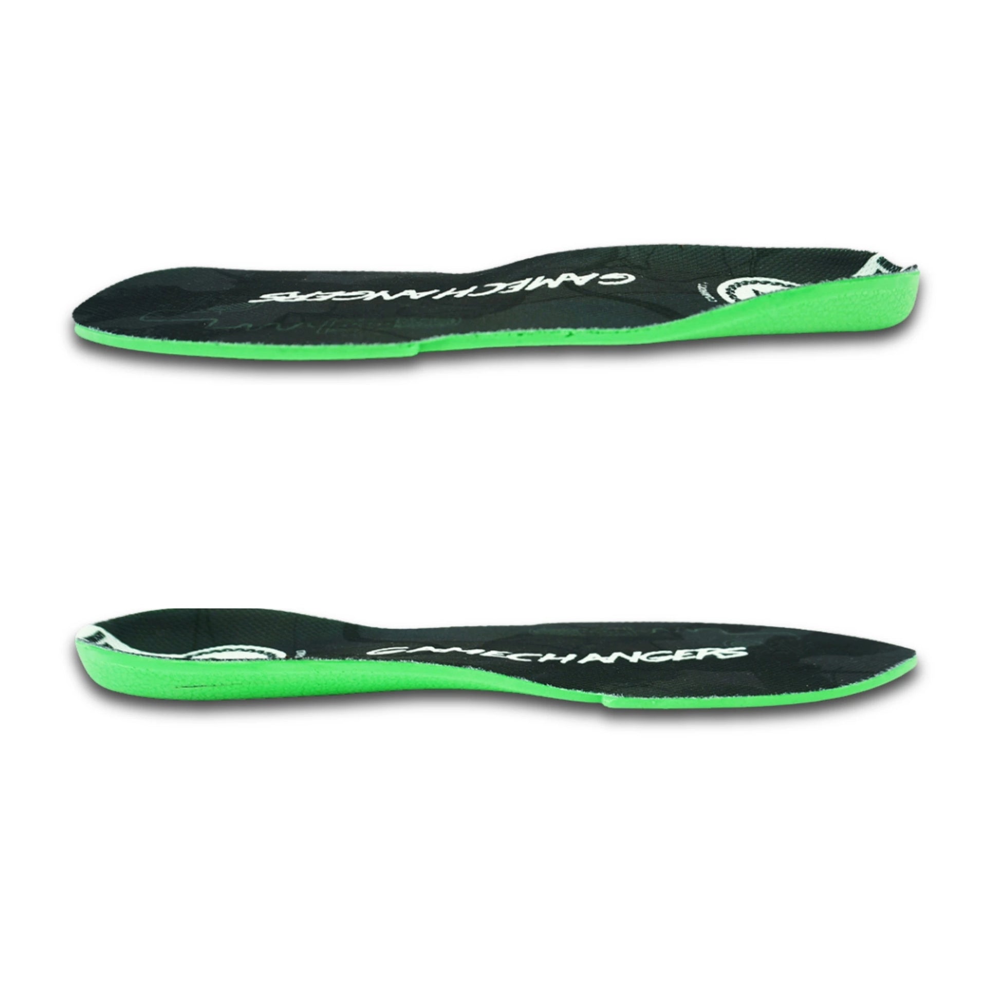 Two black athletic shoe insoles with bright green edges and white 'EMCHINGER' branding, shown from top and side views on a white background.