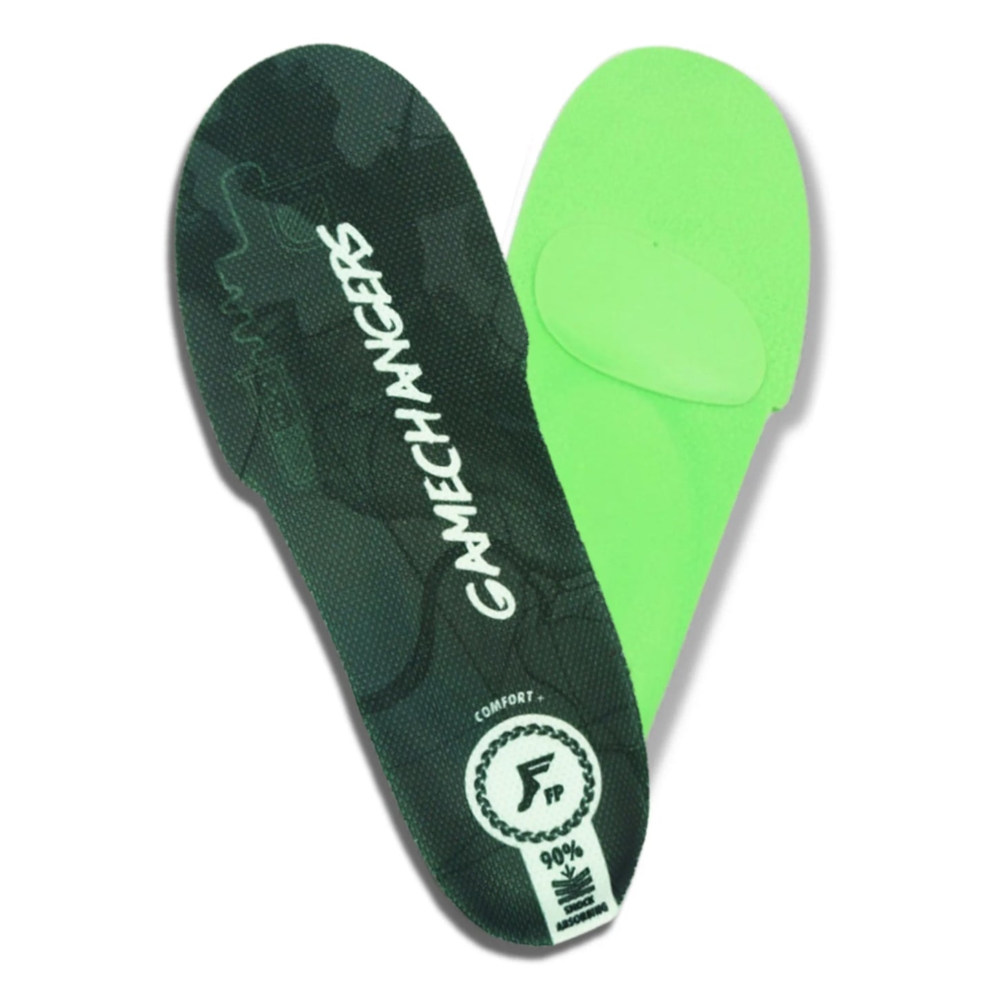 A pair of Gamechangers shoe insoles, showing the top and bottom views. The top surface is dark green with a subtle camouflage pattern and white branding text, while the bottom surface is a bright neon green cushioned layer.