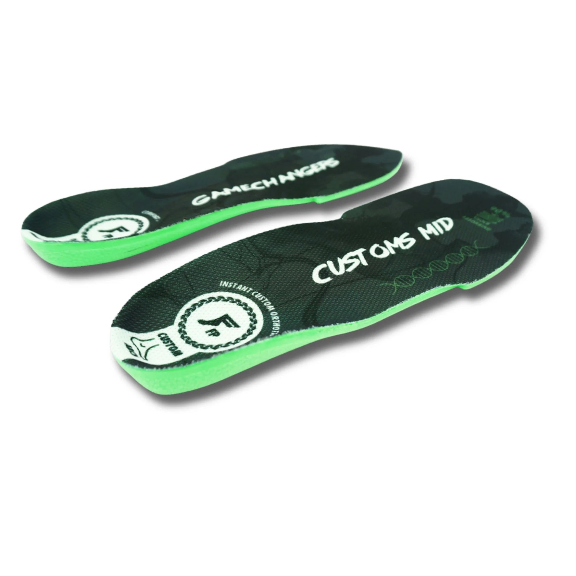 Two custom shoe midsoles shown on a white background, featuring a dark green and black textured design with neon green edges and white printed text.