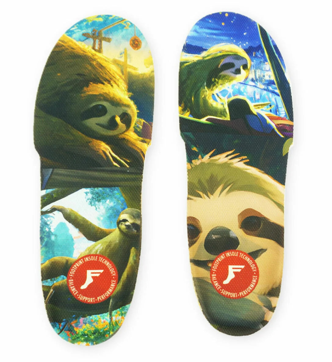 A pair of custom insoles featuring colorful cartoon sloth illustrations and a red circular logo patch near the heel, displayed flat against a plain white background.