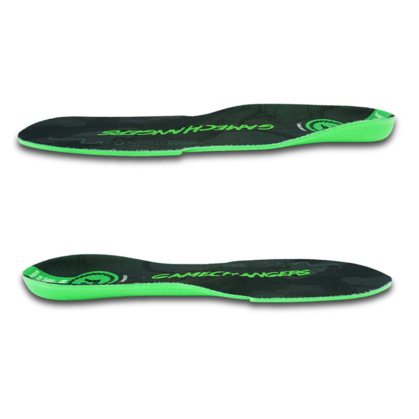 Black and green athletic shoe inserts with brand logo on a white background