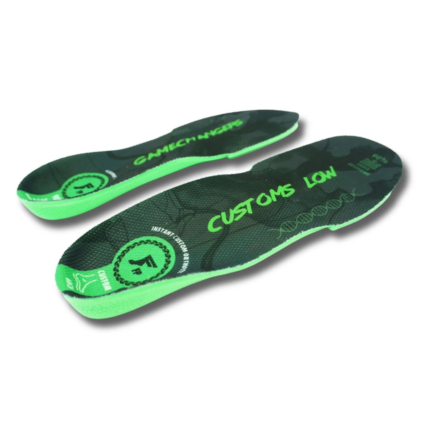 Green and black shoe insoles with branding on a white background