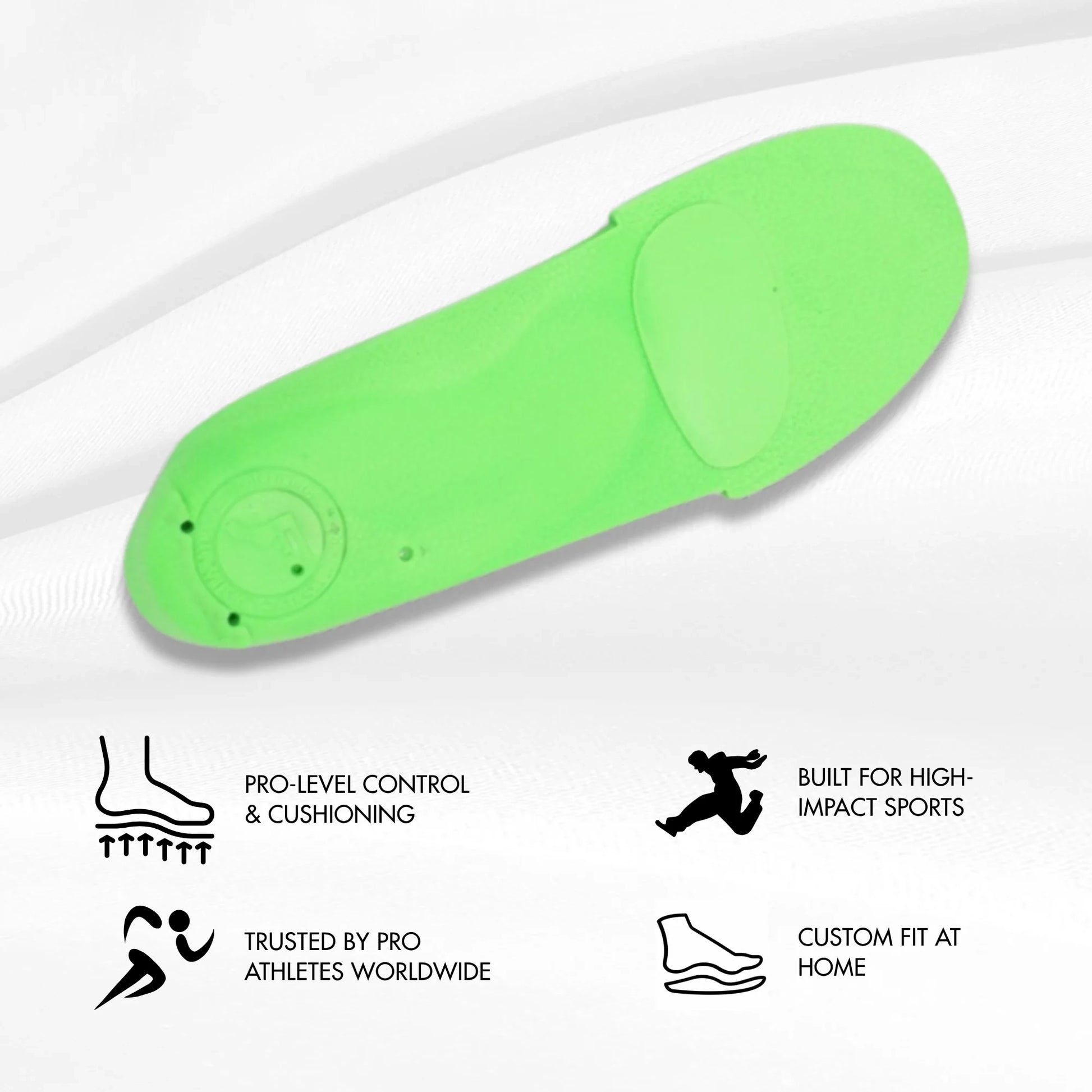 Green shoe insole on a white background with text and icons about its features.