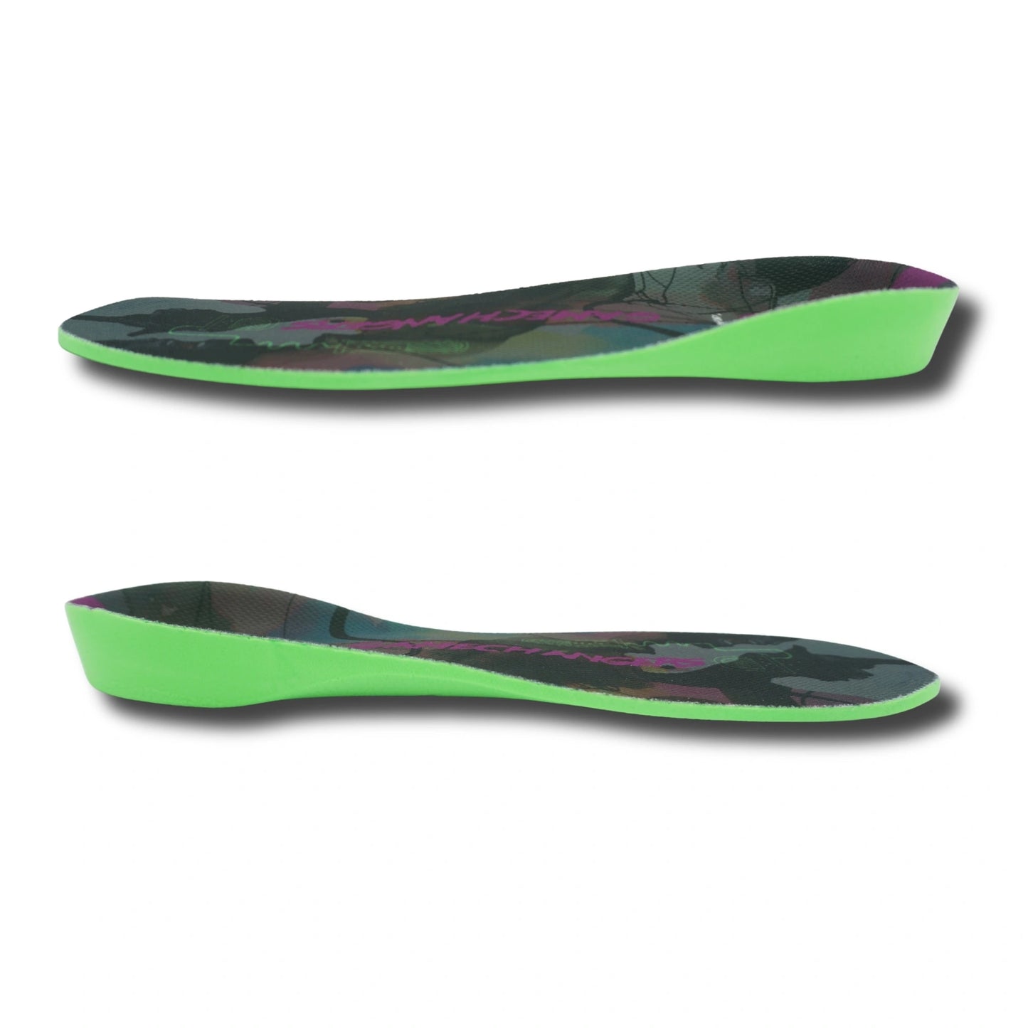 Pair of green and black shoe insoles on a white background