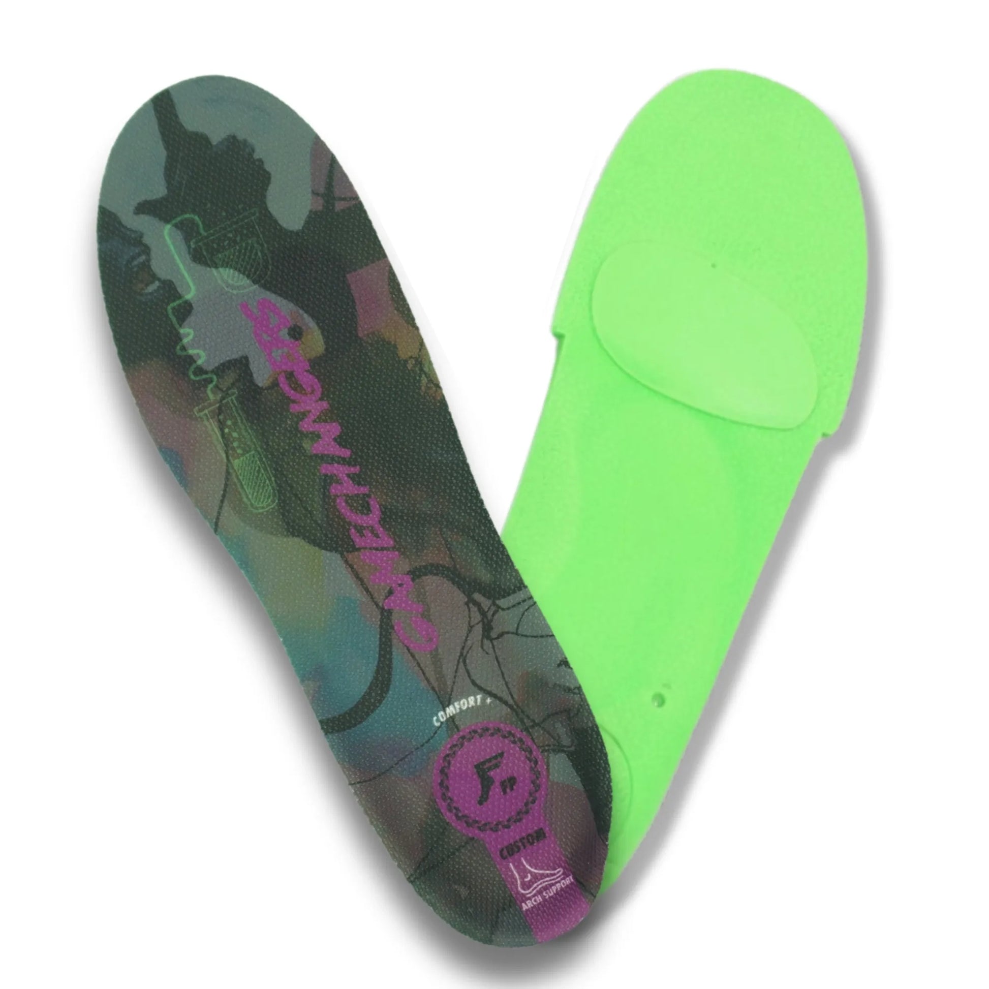Two pairs of shoe insoles, one with a camouflage pattern and the other green, on a white background.