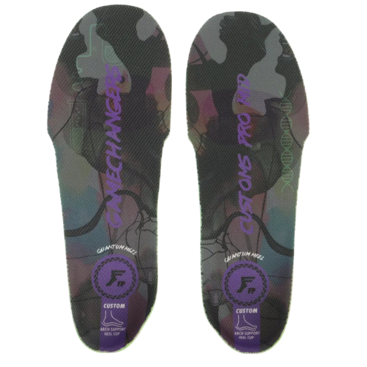 Pair of custom insoles with camouflage pattern and brand logo on a white background