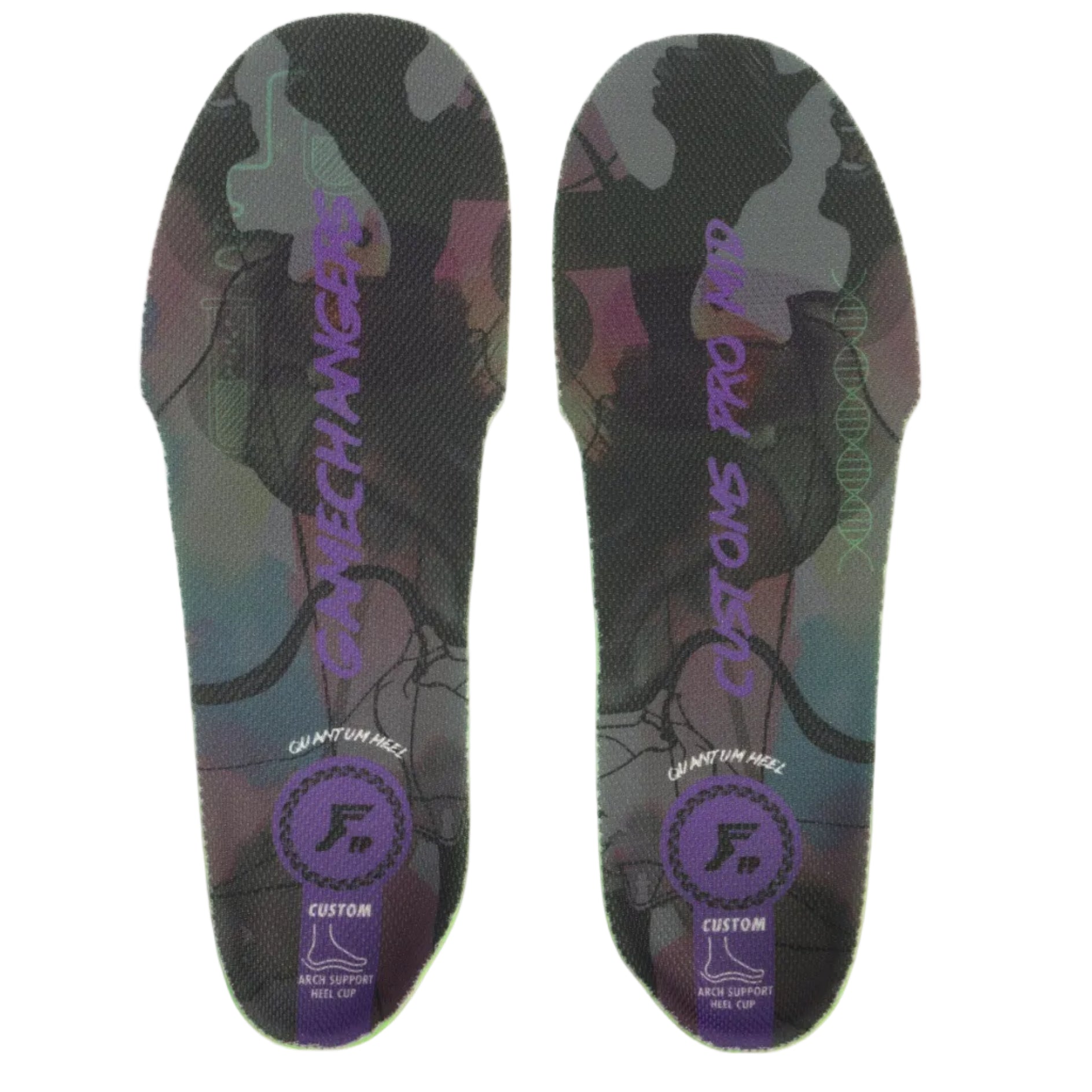 Pair of custom insoles with camouflage pattern and brand logo on a white background
