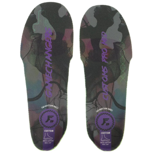Pair of custom insoles with camouflage pattern and brand logo on a white background