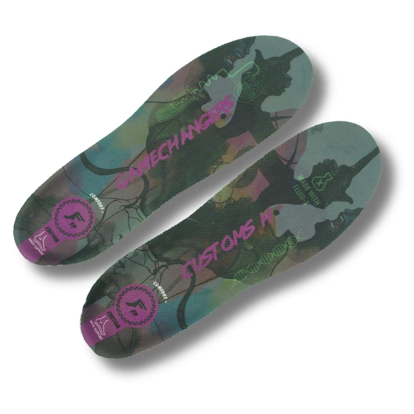 Camouflage-patterned shoe insoles with visible branding on a white background
