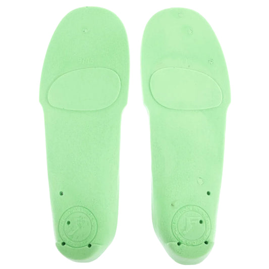 Pair of green shoe insoles on a white background